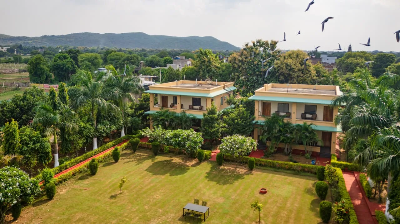 Aerial view of Moti Bagh Resort buildings and gardens, Ranthambore